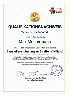 Beispiel Qualifikationsnachweis der RSA 21 Online Schulung nach erfolgreichem Abschluss